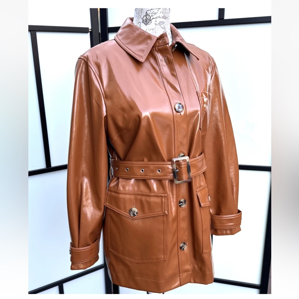Topshop Women Casey Brown Belted Glossy High Impact Button Front Vegan Jacket - Picture 4 of 15